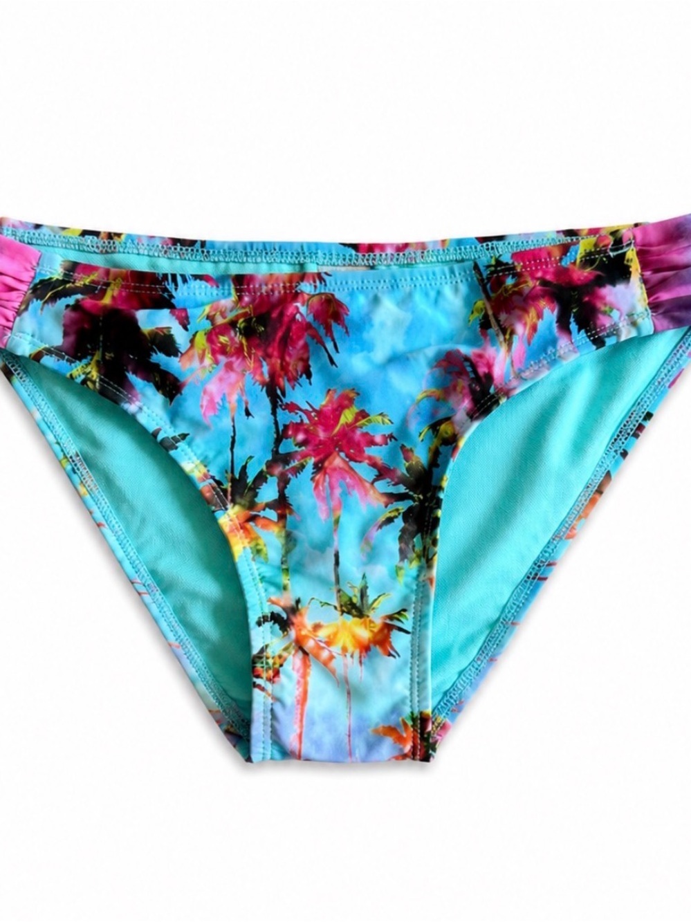 Y2K Arizona Jean Company Tropical Palm Print Bikini Bottoms Turquoise Pink Beach